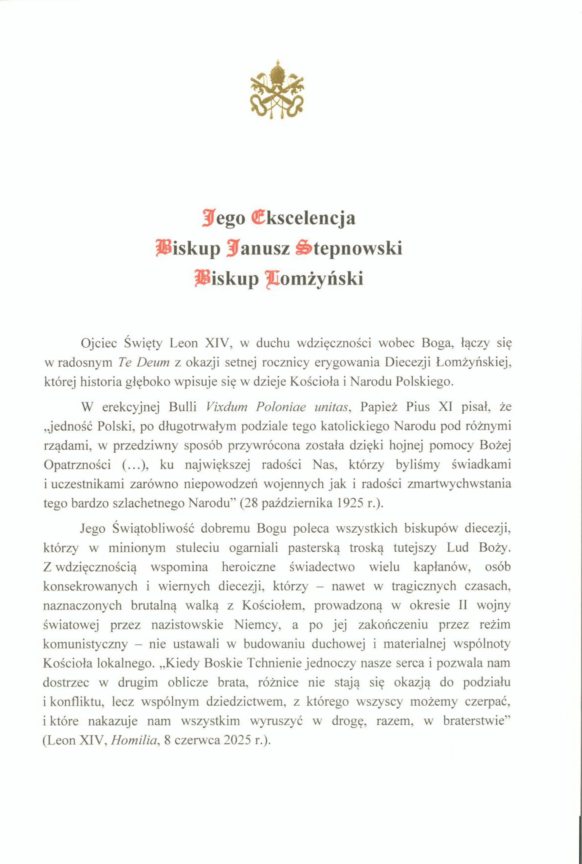 zal. 1 Przeslanie Stolicy Apostolskiej z racji 100   lecia Diecezji Lomzynskiej obrazy 0
