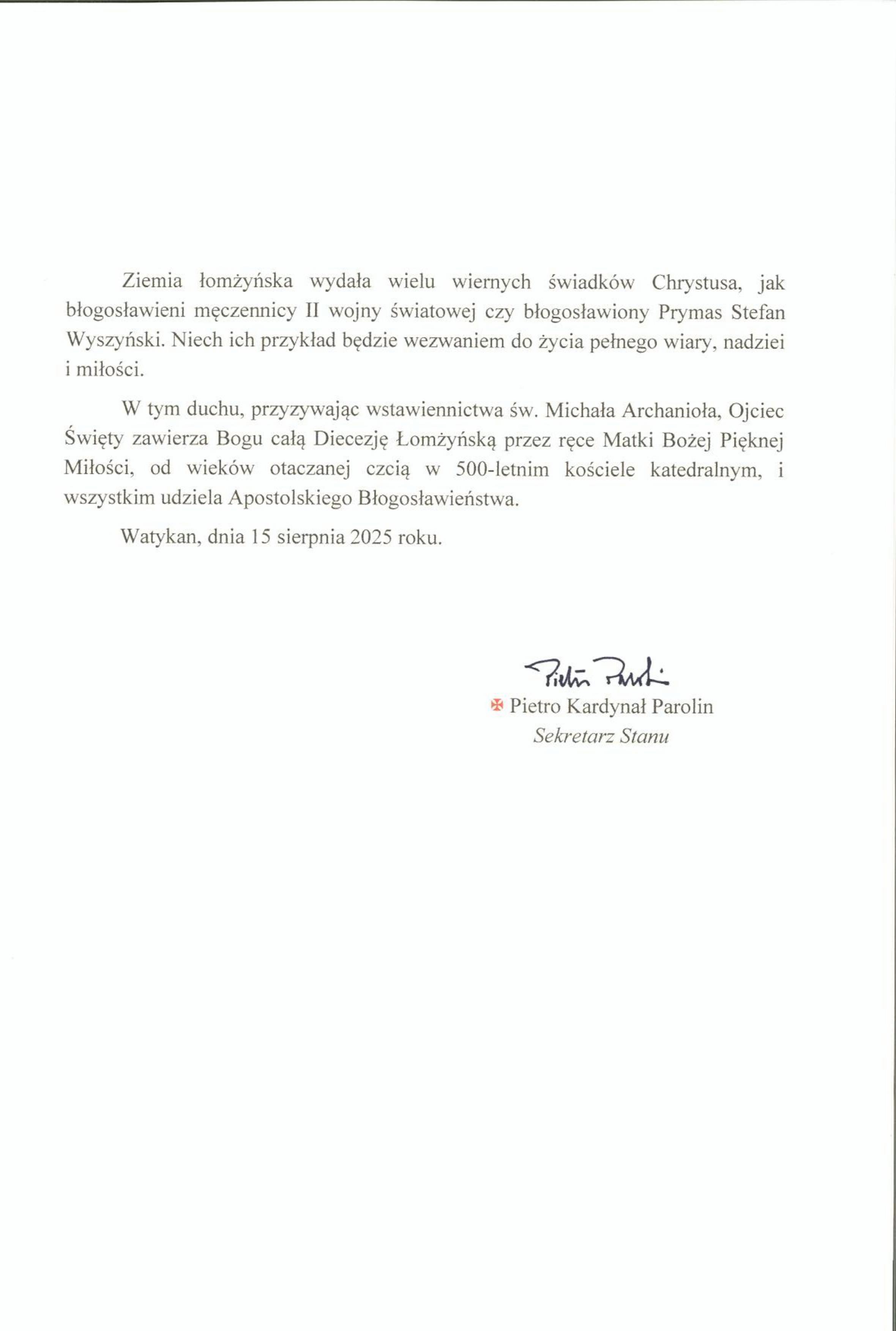 zal. 1 Przeslanie Stolicy Apostolskiej z racji 100   lecia Diecezji Lomzynskiej obrazy 1
